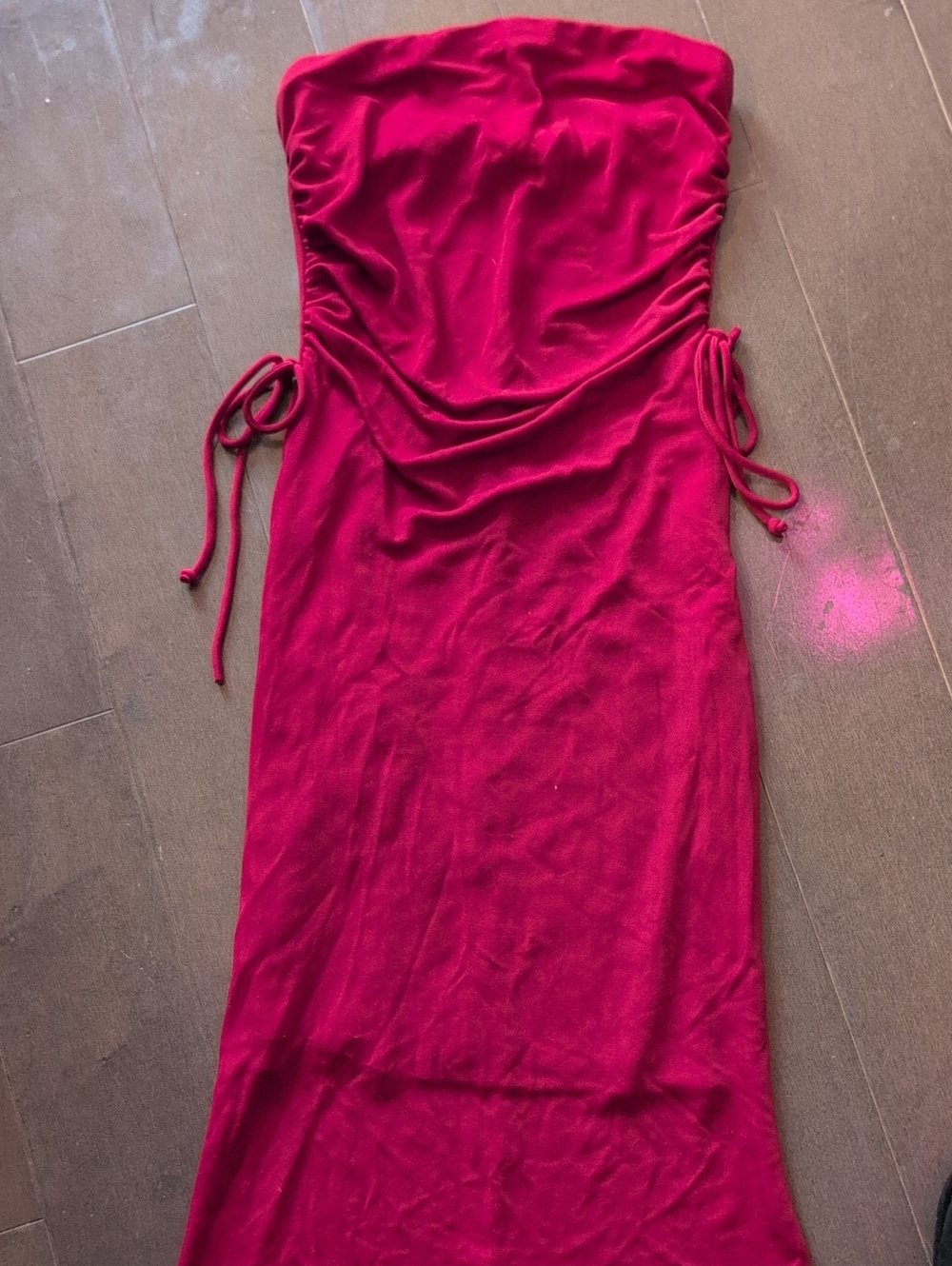 Red Strapless Side-Tie Midi Dress